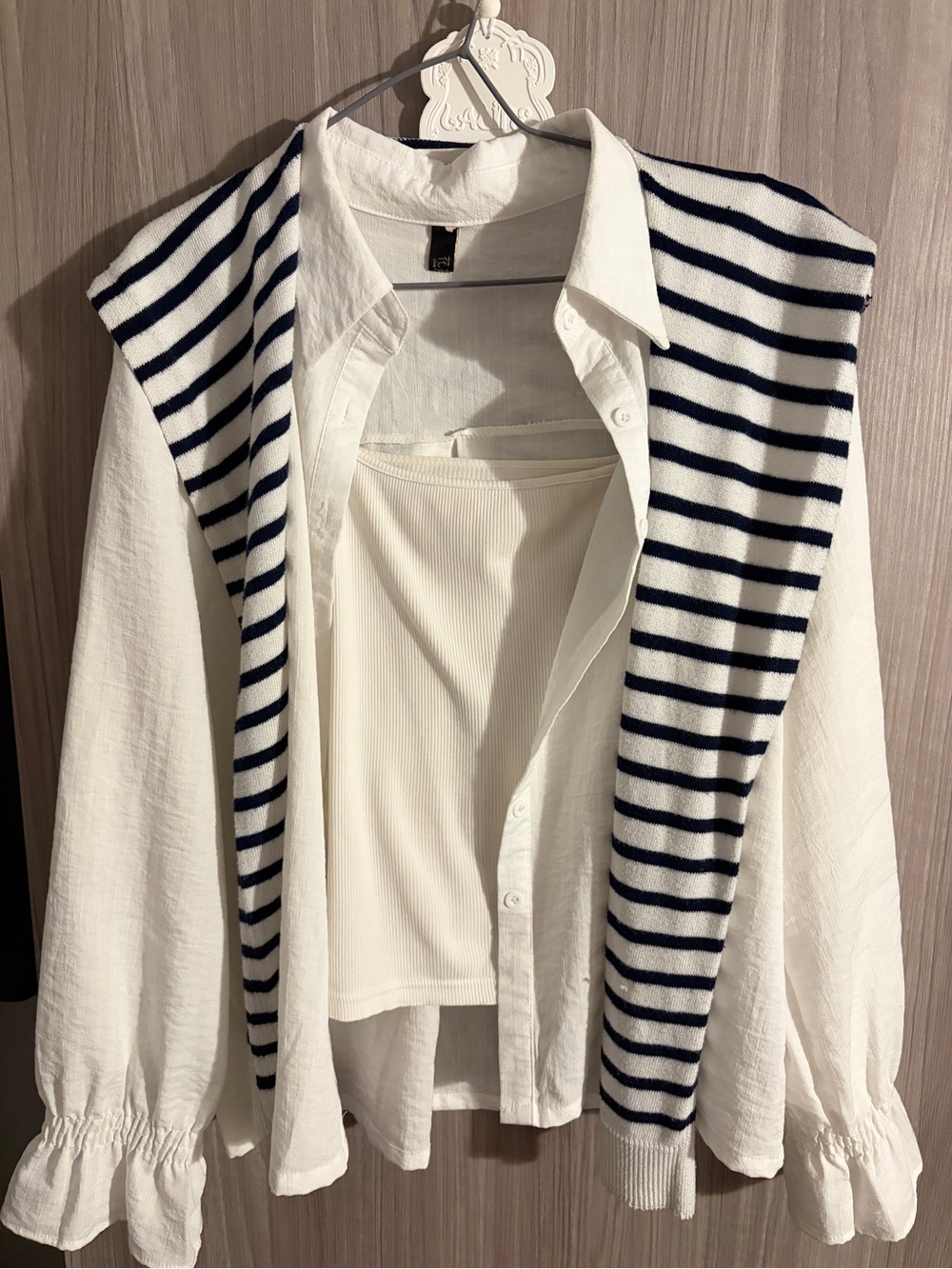 White Linen-Blend Button Shirt with Navy Stripe Sweater Accent
